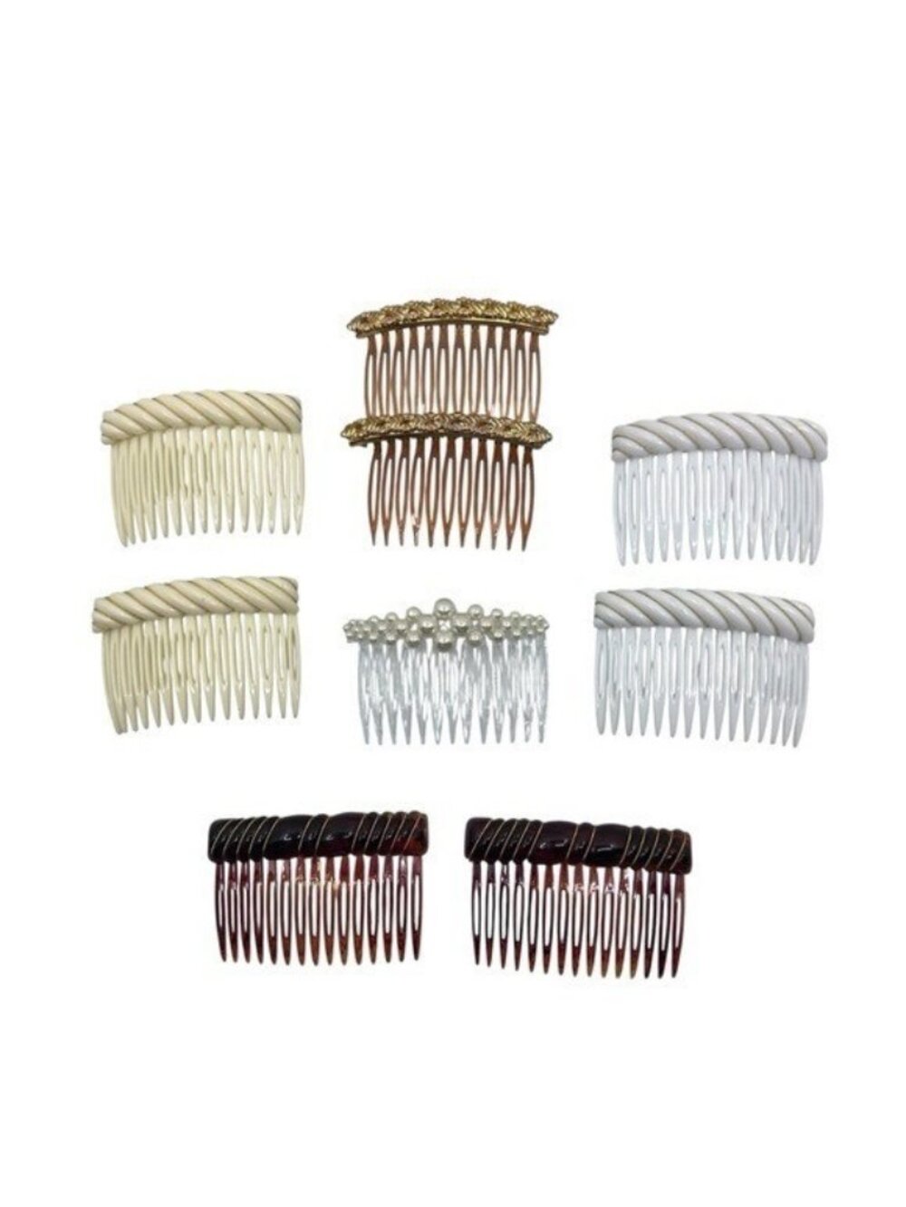 Vintage Lot of 9 80's Hair Side Combs Rope Twist Retro Tortoise White Cream